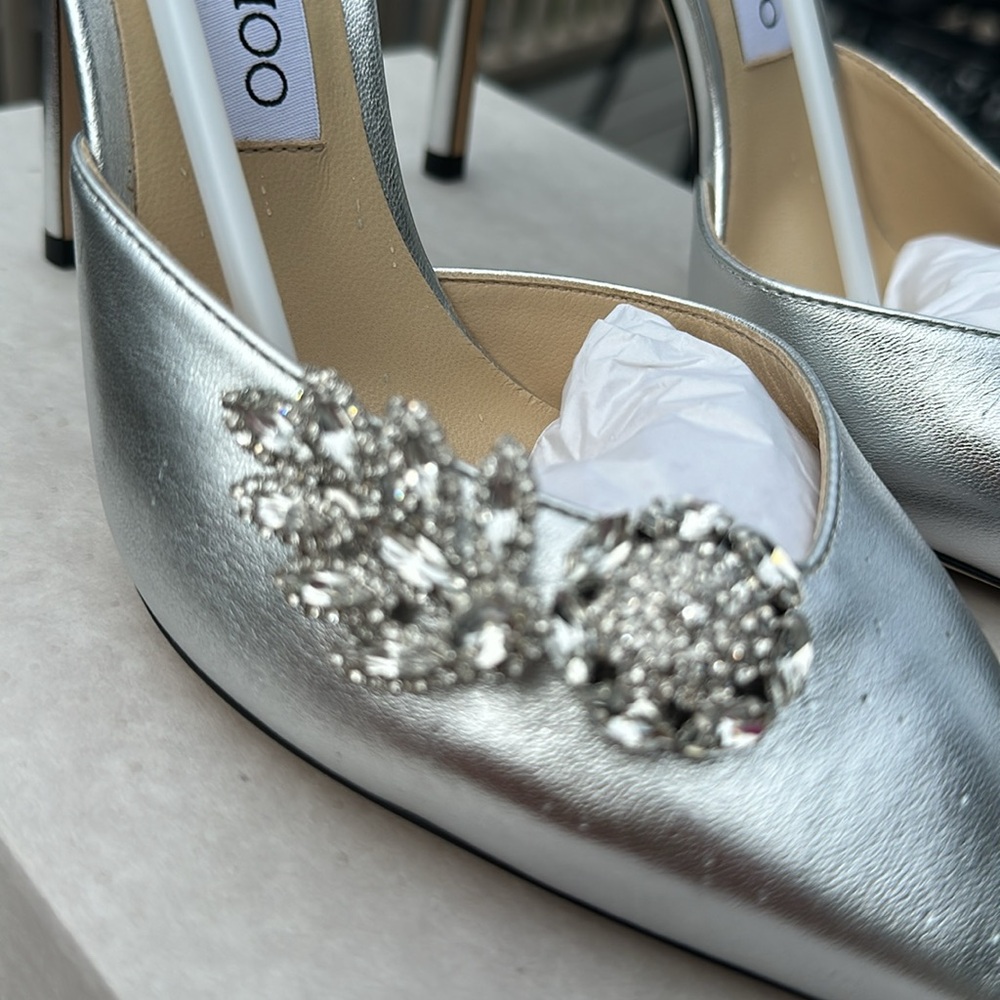 Jimmy Choo Silver Leather Teja Embellished Heels - Picture 5 of 12